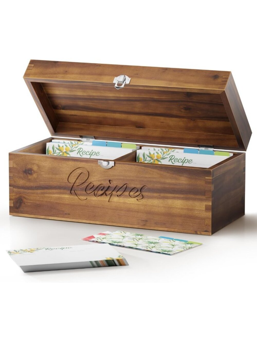Large Wooden Recipe Box with Cards & Dividers - Rustic Kitchen Organizer, Walnut